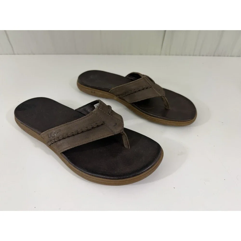 Ugg Australia Slip On Sandals Sz 11 Flip Flops Thongs Brown Leather Shoes